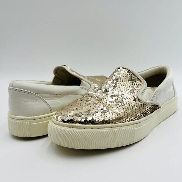 Tory Burch Carter Reversible Sequin Calf Leather Silver White Sneaker Size 7 - Picture 1 of 12